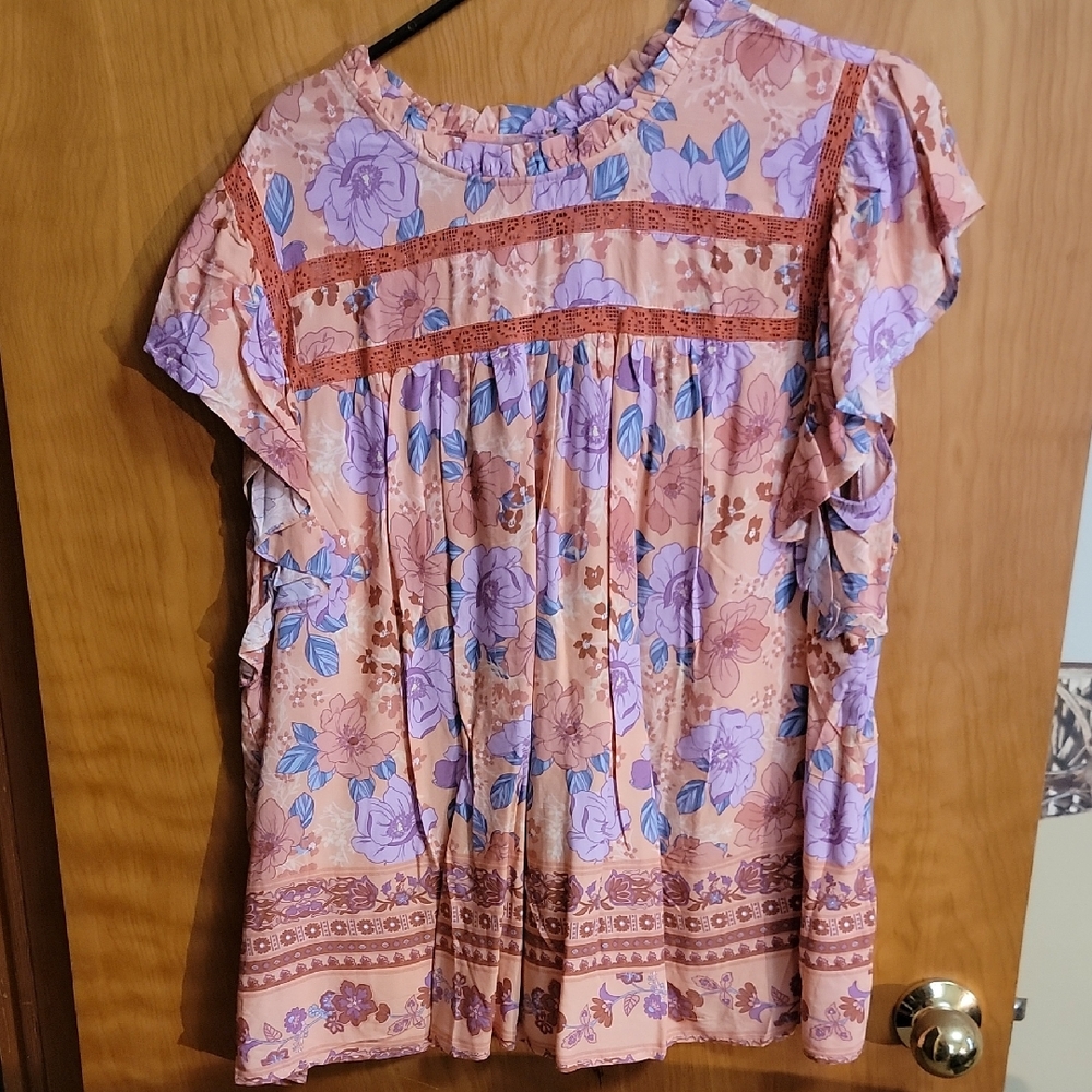 Floral Ruffle Sleeve Blouse - Peach and Lavender